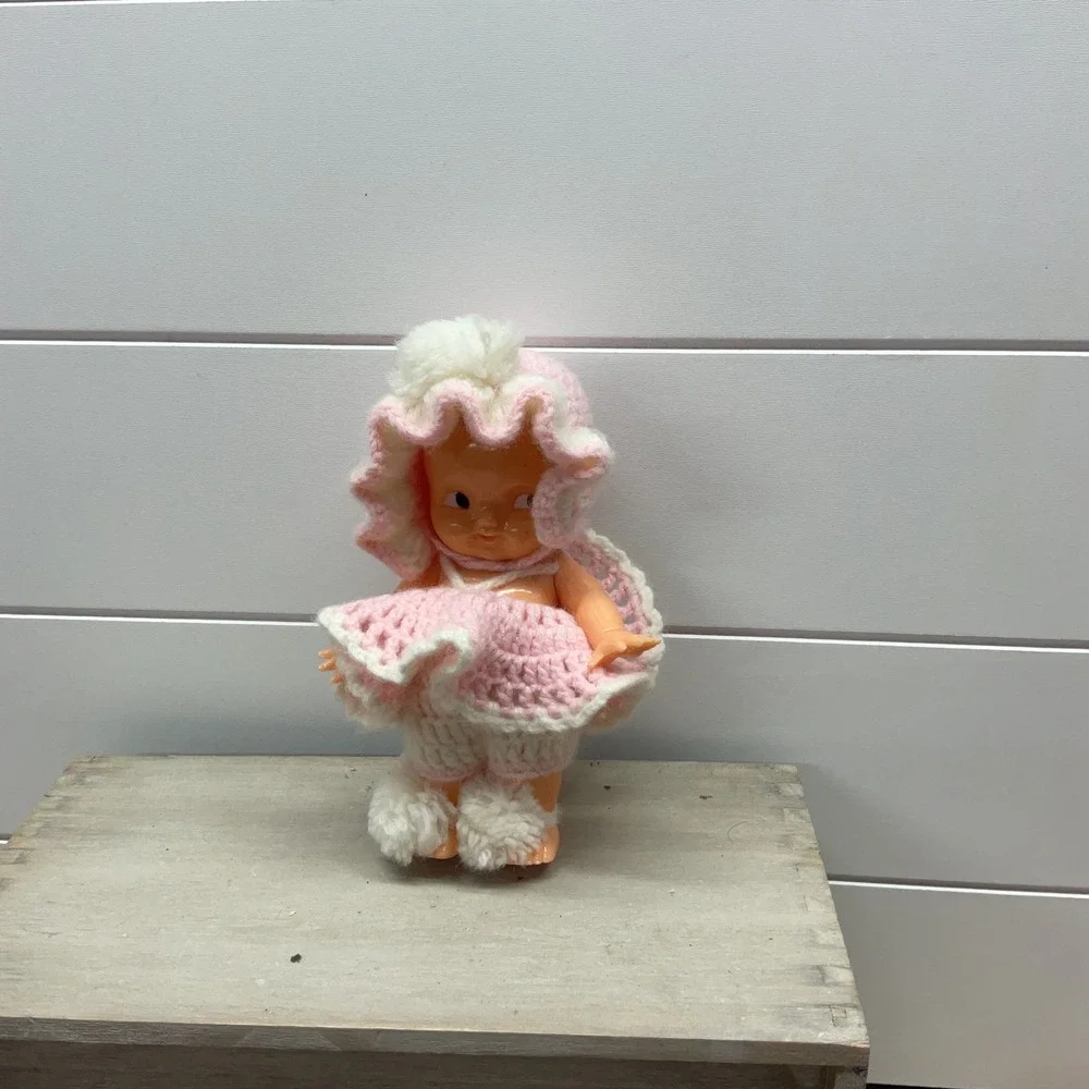 Vintage Irwin USA 6 Inch Hard Plastic Baby Doll Pink Crochet Outfit Side Glance